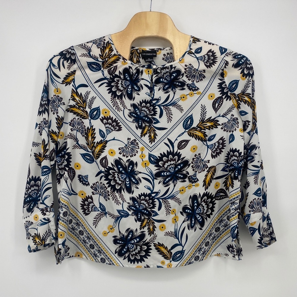 Liz Claiborne Blouse XL White Floral Scarf Print 3/4 Sleeve Excellent